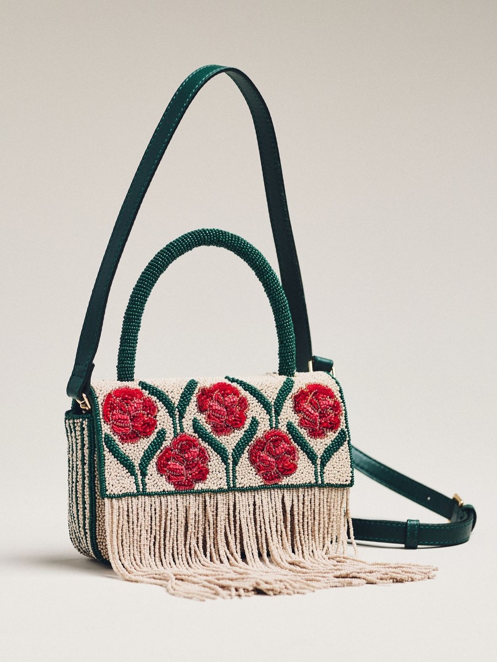 Anthropologie Beaded Fringe Floral Top-Handle Bag